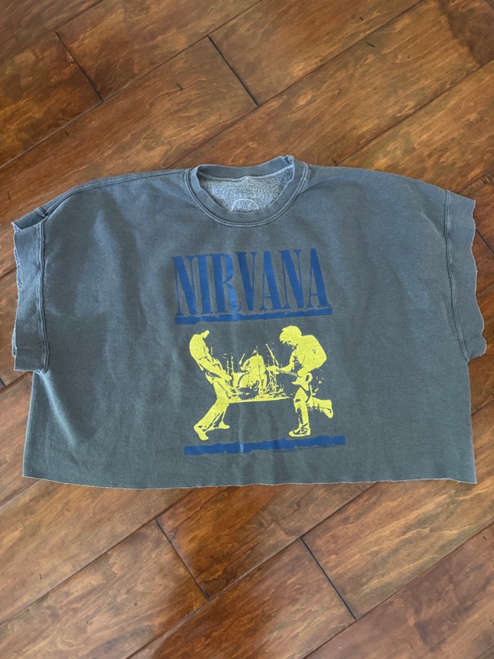 NIRVANA Gray Crop sweatshirt short sleeve with Yellow and Blue Graphic. L/XL